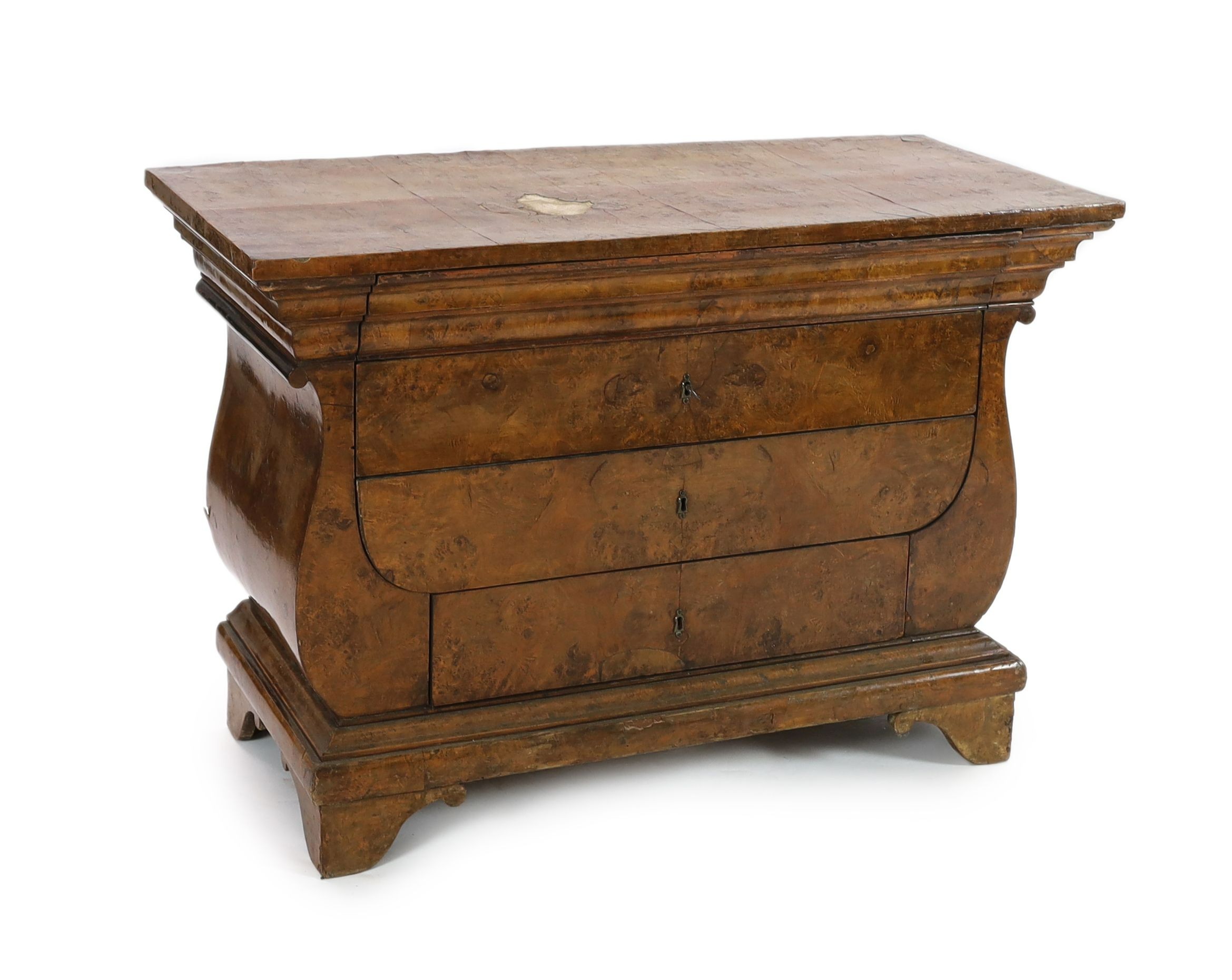An early 19th century Baltic region burr wood commode, W.137cm D.61cm H.95cm